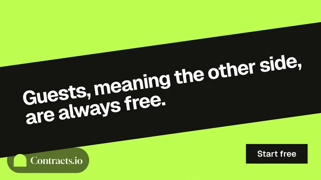 Landscape graphic for contracts.io: "Guests, meaning the other side, are always free." Swiss style, diagonal layout, light palette in black, green.