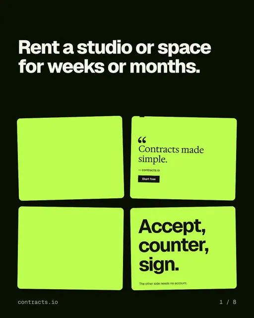 Carousel for contracts.io: "Rent a studio or space for weeks or months.". Collection carousel, 8 slides, dark palette.