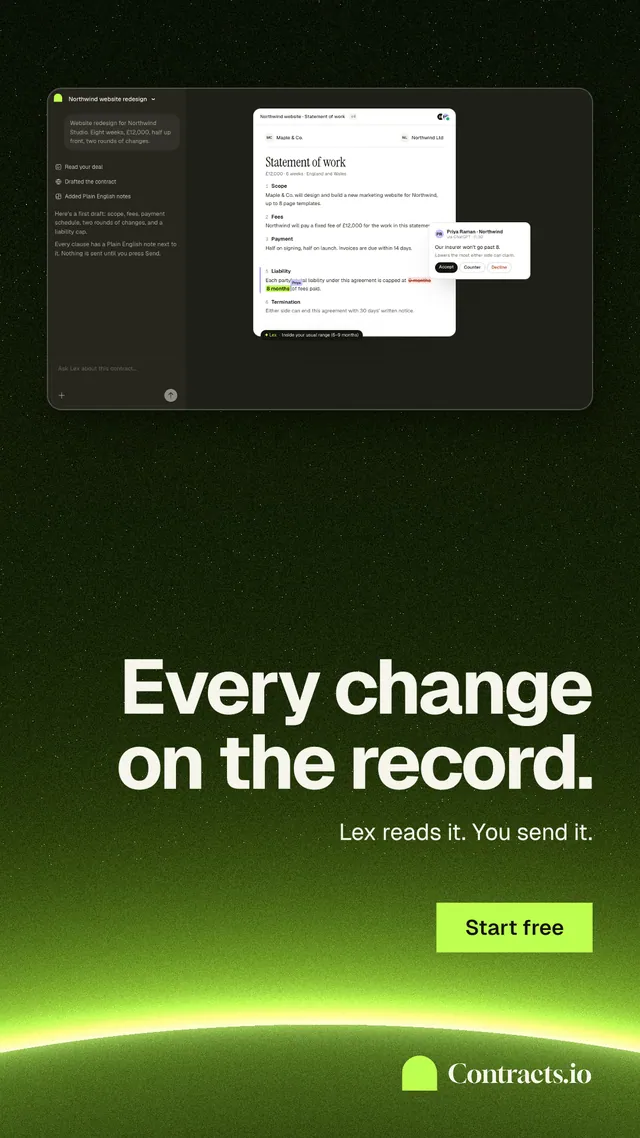 Instagram story for contracts.io: "Every change on the record." Swiss style, right layout, dark palette in green, black.