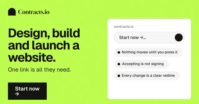 Social ad for contracts.io: "Design, build and launch a website." Swiss style, bottom layout, light palette in green.