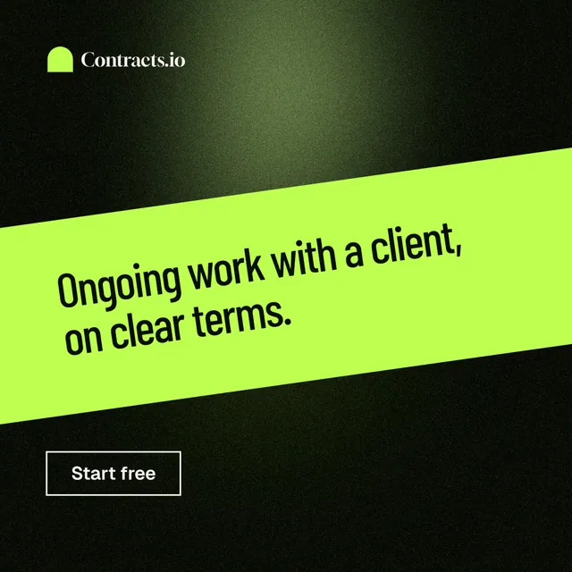Instagram post for contracts.io: "Ongoing work with a client, on clear terms." Dark deco style, diagonal layout, dark palette in green, black.