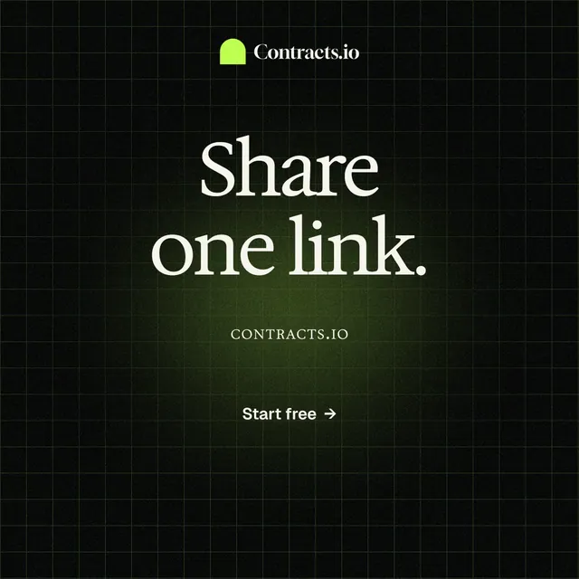 Instagram post for contracts.io: "Share one link." Phosphor atlas style, smallcaps layout, dark palette in black, green.