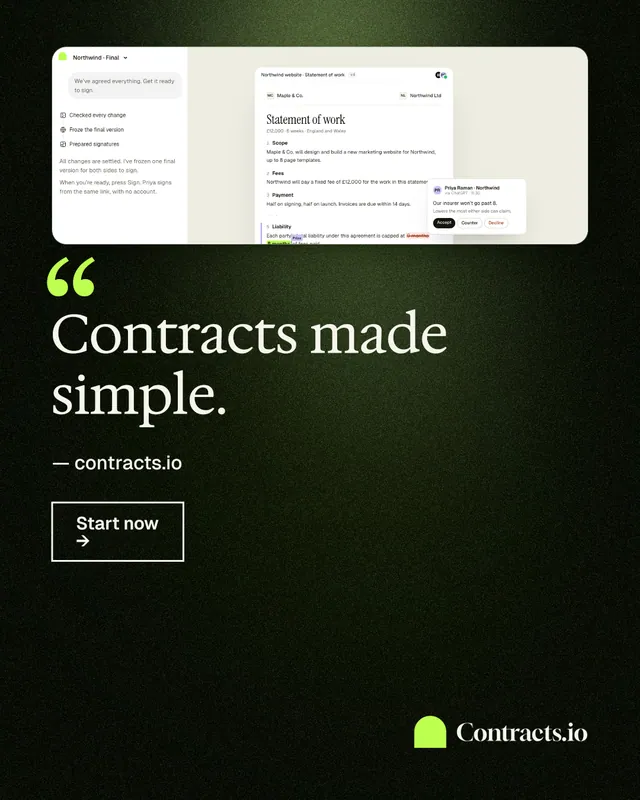 Instagram portrait post for contracts.io: "Contracts made simple." Dark deco style, quote layout, dark palette in black, white, green.