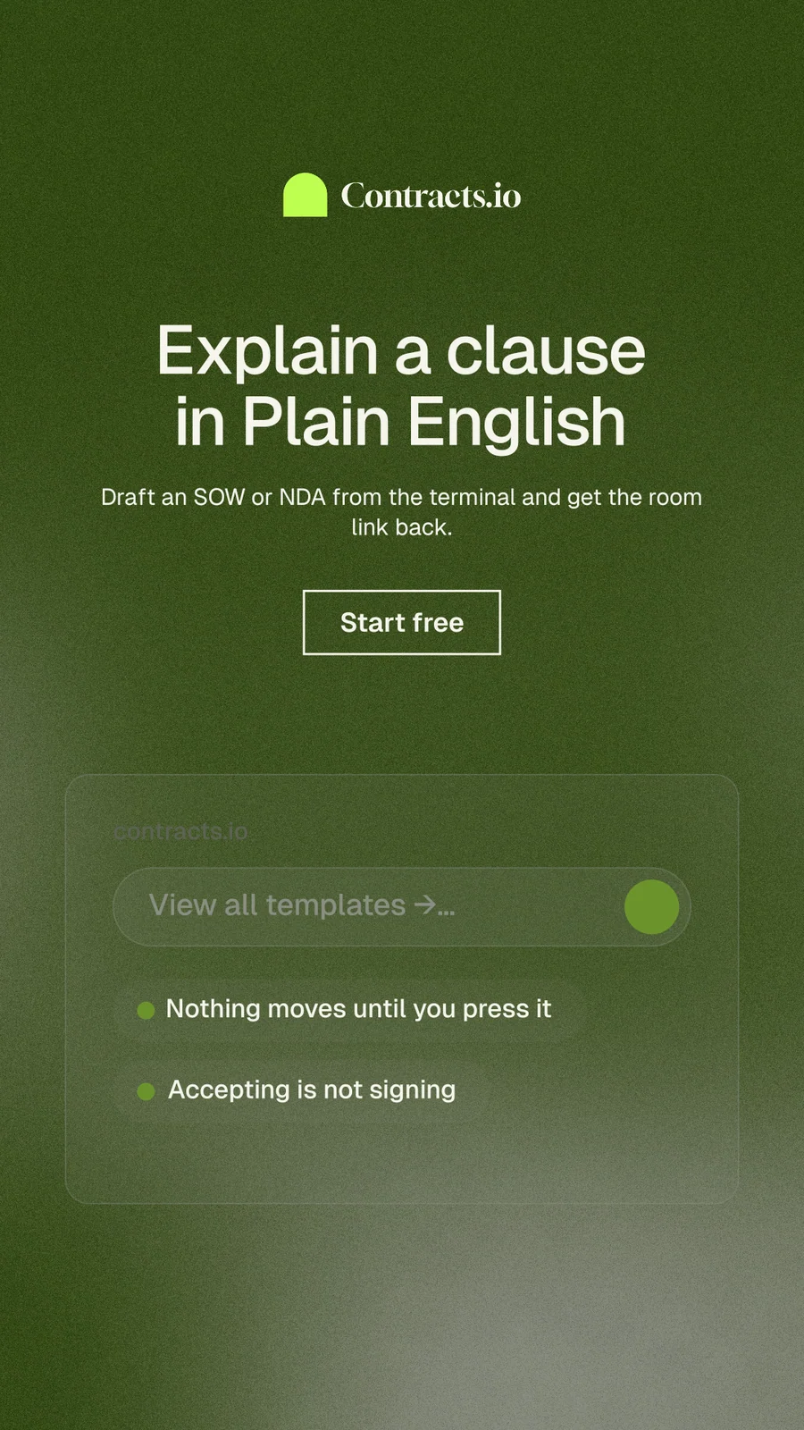 Instagram story for contracts.io: "Explain a clause in Plain English". Cyanotype style, centred layout, dark palette in green, grey.
