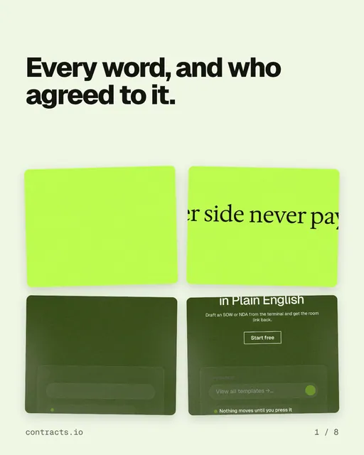 Carousel for contracts.io: "Every word, and who agreed to it.". Collection carousel, 8 slides, light palette.