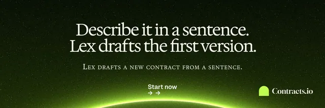 X header for contracts.io: "Describe it in a sentence. Lex drafts the first version." Swiss style, smallcaps layout, dark palette in black, green.