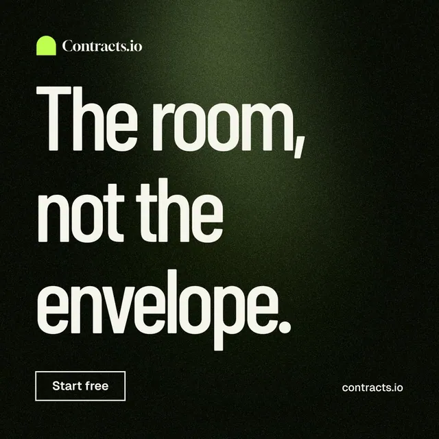 Instagram post for contracts.io: "The room, not the envelope." Dark deco style, poster layout, dark palette in black, grey.