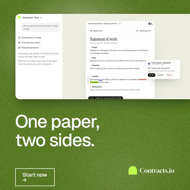 Instagram post for contracts.io: "One paper, two sides." Cyanotype style, bottom layout, light palette in green, white.