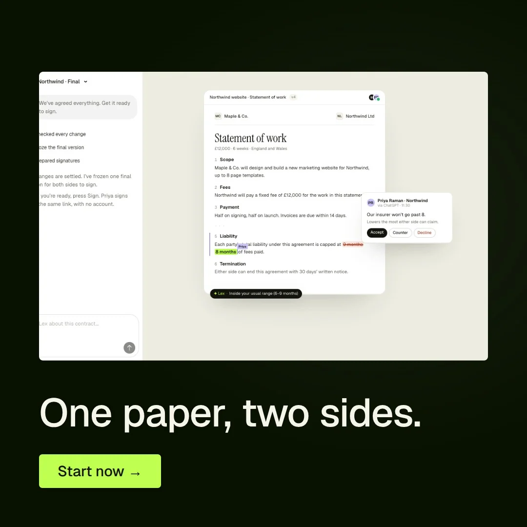 Video for contracts.io: "One paper, two sides.". Doc motion loop, 6.0 s, light palette.