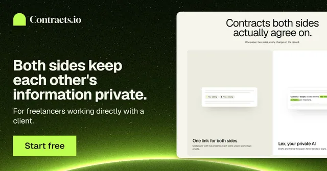 Social ad for contracts.io: "Both sides keep each other's information private." Swiss style, bottom layout, light palette in black, white, green.
