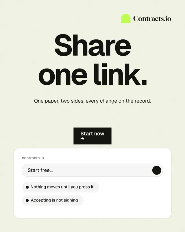 Instagram portrait post for contracts.io: "Share one link." Swiss style, centred layout, light palette in white, grey.
