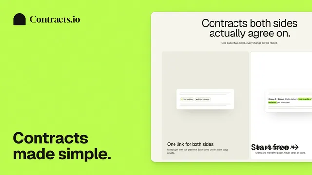 Landscape graphic for contracts.io: "Contracts made simple." Swiss style, image led layout, light palette in green, white.