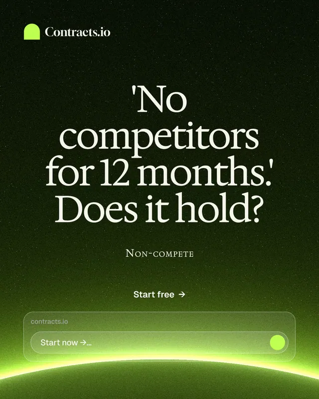 Instagram portrait post for contracts.io: "'No competitors for 12 months.' Does it hold?" Swiss style, smallcaps layout, dark palette in green, black.