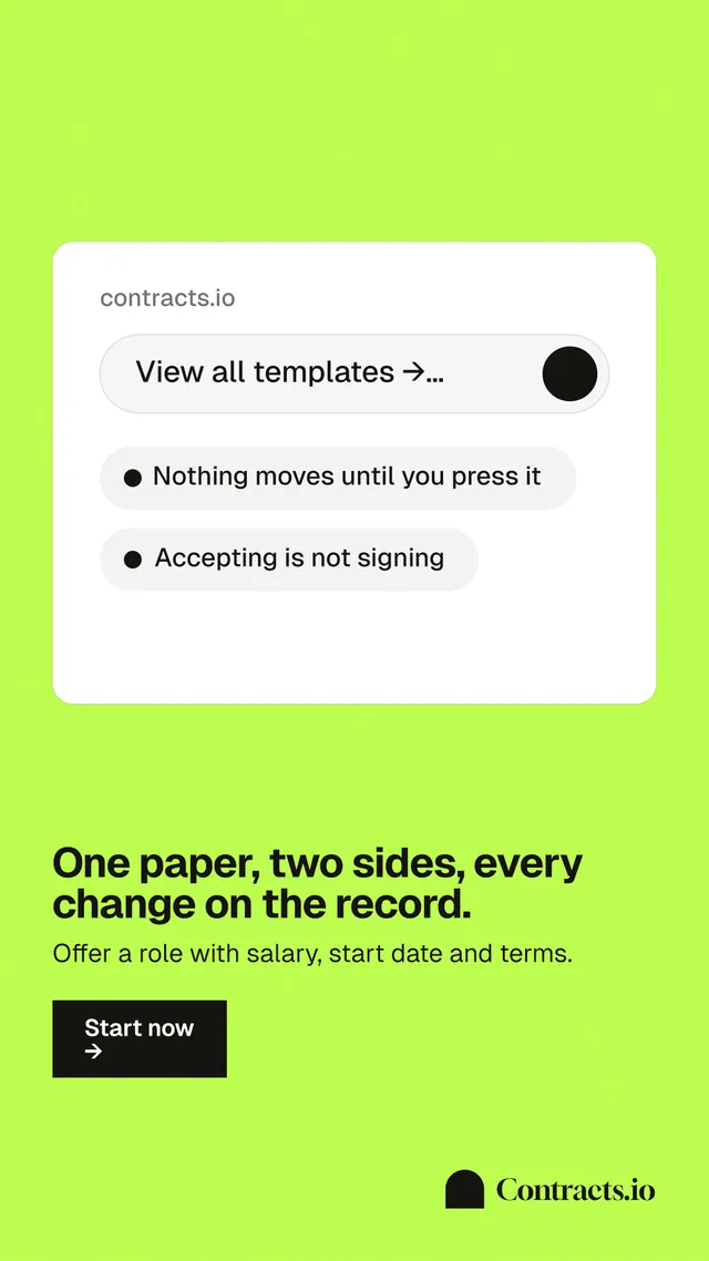 Instagram story for contracts.io: "One paper, two sides, every change on the record." Swiss style, bottom layout, light palette in green, white.
