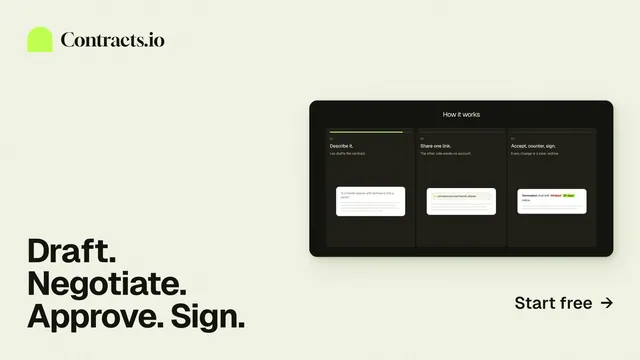 Landscape graphic for contracts.io: "Draft. Negotiate. Approve. Sign." Swiss style, image led layout, light palette in white, grey.