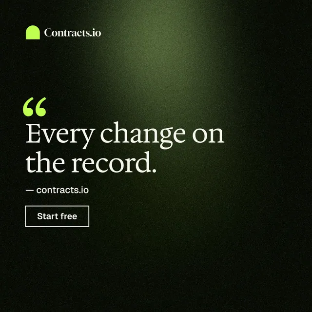 Instagram post for contracts.io: "Every change on the record." Dark deco style, quote layout, dark palette in black, green.