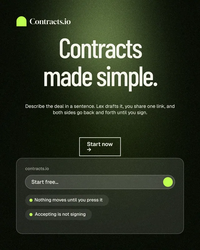 Instagram portrait post for contracts.io: "Contracts made simple." Dark deco style, centred layout, dark palette in black, green, grey.