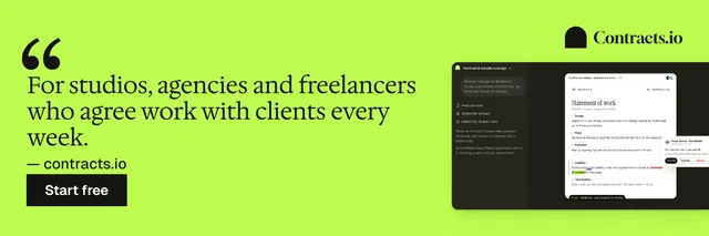 X header for contracts.io: "For studios, agencies and freelancers who agree work with clients every week." Swiss style, quote layout, light palette in green.