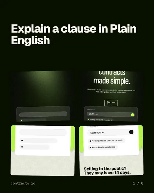 Carousel for contracts.io: "Explain a clause in Plain English". Collection carousel, 8 slides, dark palette.