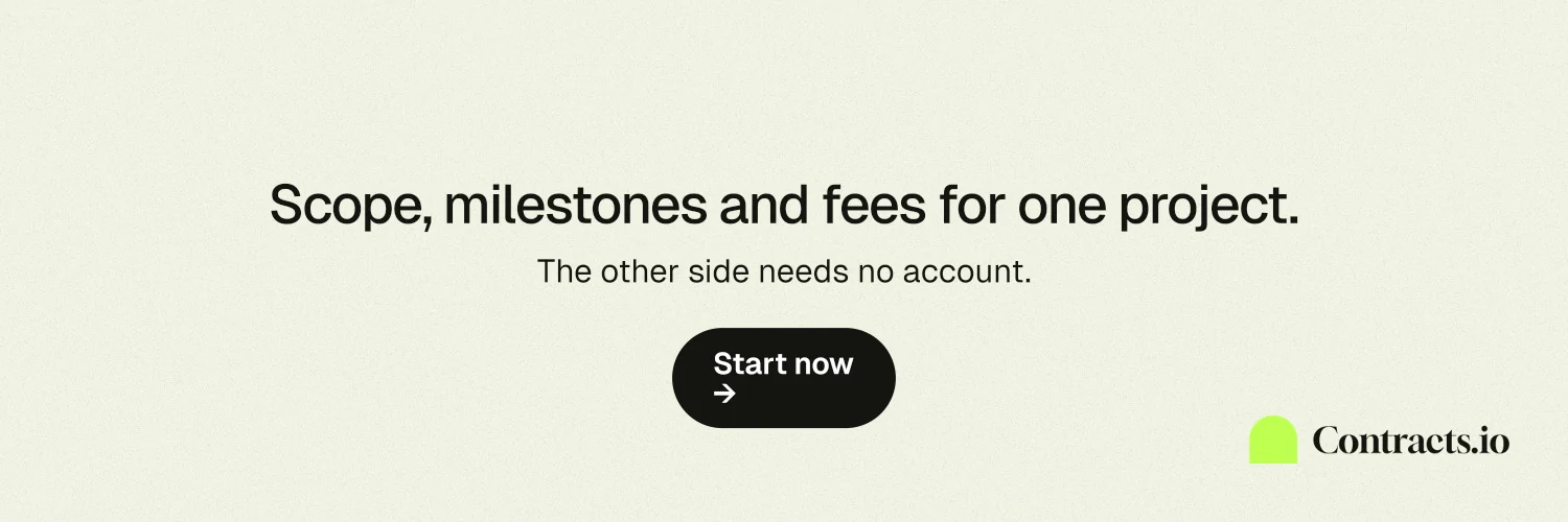 X header for contracts.io: "Scope, milestones and fees for one project." Data card style, centred layout, light palette in white, yellow.