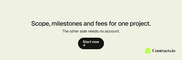 X header for contracts.io: "Scope, milestones and fees for one project." Data card style, centred layout, light palette in white, yellow.