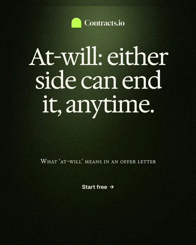 Instagram portrait post for contracts.io: "At-will: either side can end it, anytime." Dark deco style, smallcaps layout, dark palette in black, grey.