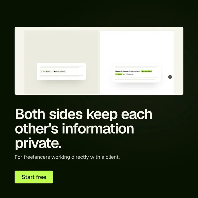 Video for contracts.io: "Both sides keep each other's information private.". Doc motion loop, 6.0 s, dark palette.
