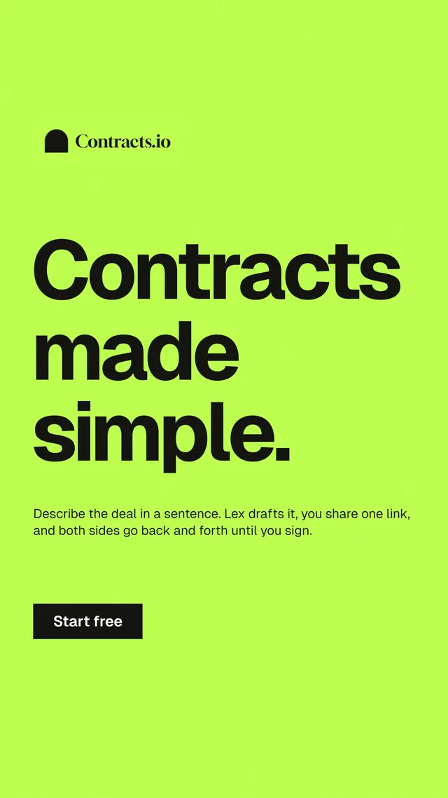 Instagram story for contracts.io: "Contracts made simple." Swiss style, announce layout, light palette in green.