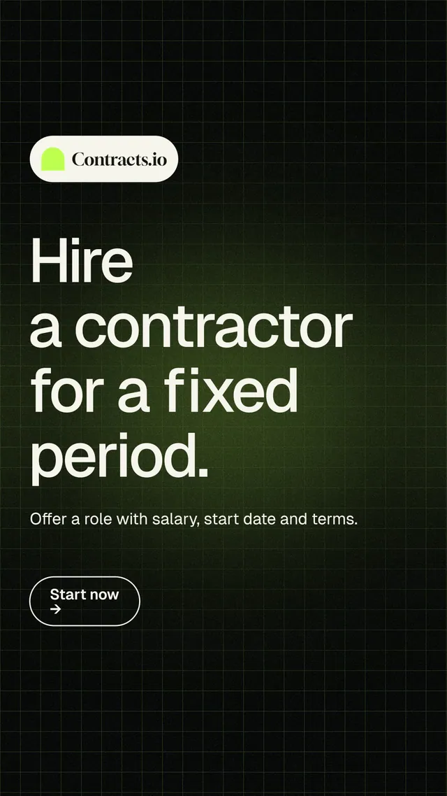 Instagram story for contracts.io: "Hire a contractor for a fixed period." Phosphor atlas style, announce layout, dark palette in black, grey.