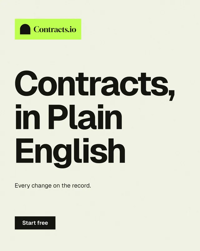 Instagram portrait post for contracts.io: "Contracts, in Plain English". Swiss style, announce layout, light palette in white, yellow, grey.