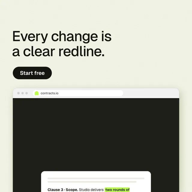 Instagram post for contracts.io: "Every change is a clear redline." Data card style, browser layout, light palette in yellow, black, white.