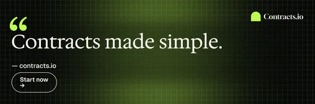 X header for contracts.io: "Contracts made simple." Phosphor atlas style, quote layout, dark palette in green, black.