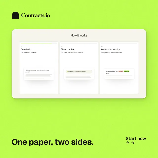 Instagram post for contracts.io: "One paper, two sides." Swiss style, image led layout, light palette in green, white.