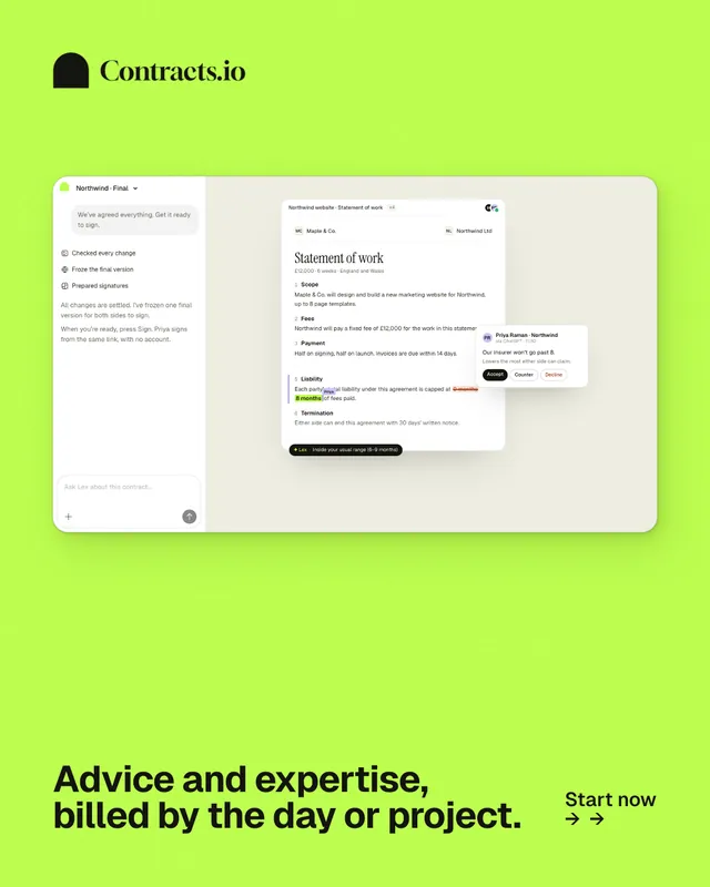 Instagram portrait post for contracts.io: "Advice and expertise, billed by the day or project." Swiss style, image led layout, light palette in green.