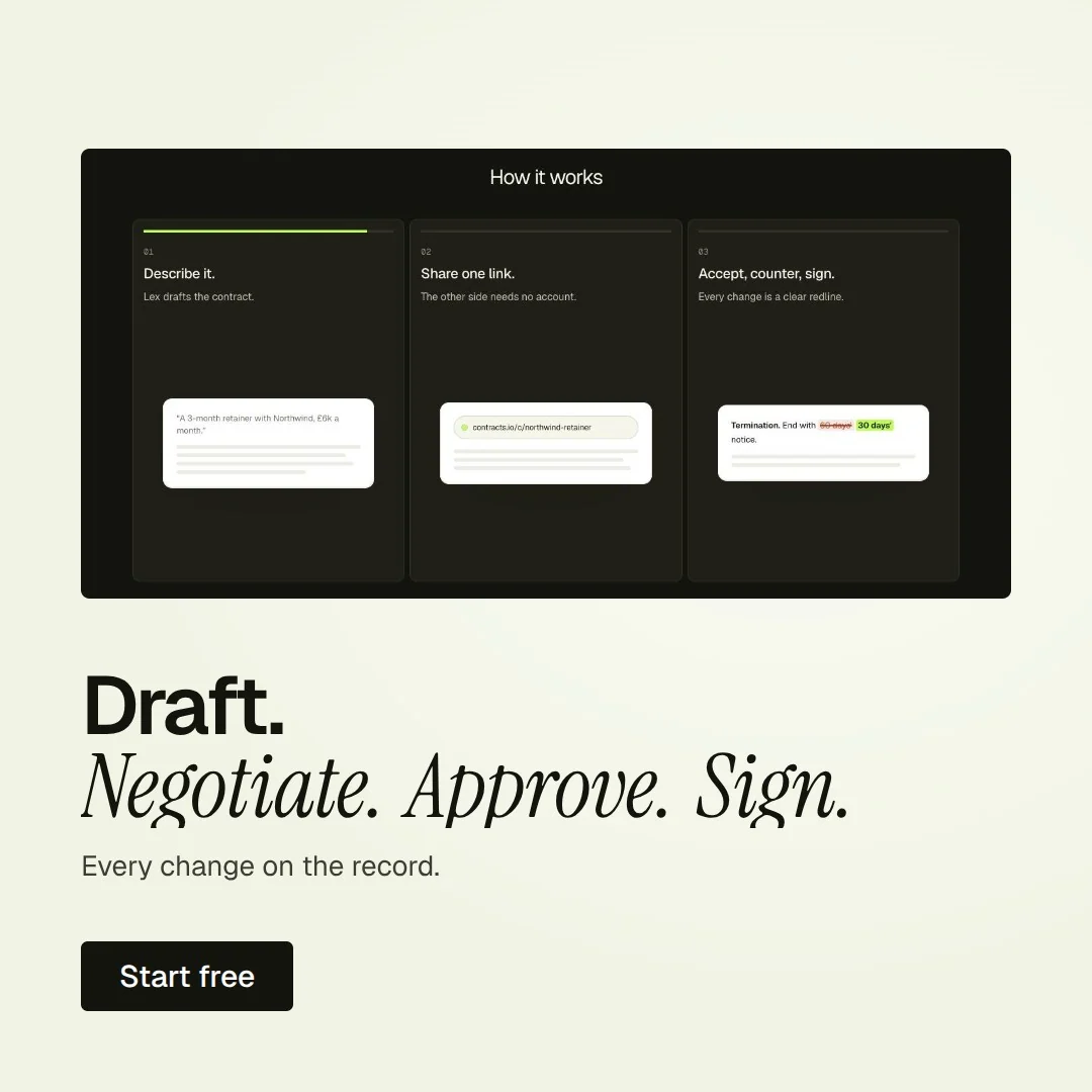 Video for contracts.io: "Draft. Negotiate. Approve. Sign.". Doc motion loop, 8.0 s, light palette.