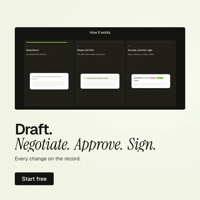 Video for contracts.io: "Draft. Negotiate. Approve. Sign.". Doc motion loop, 8.0 s, light palette.