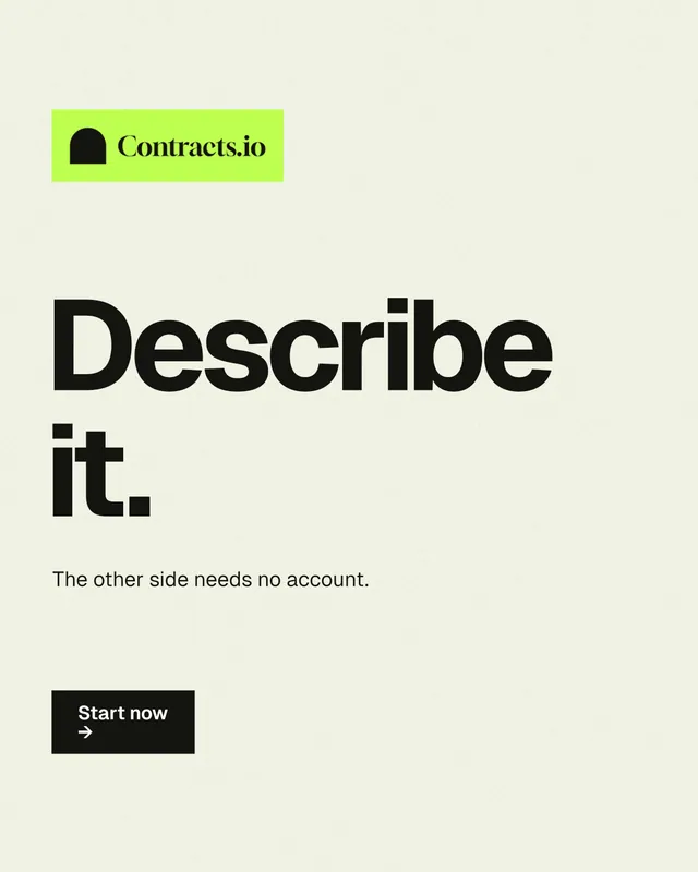Instagram portrait post for contracts.io: "Describe it." Swiss style, announce layout, light palette in white, grey.