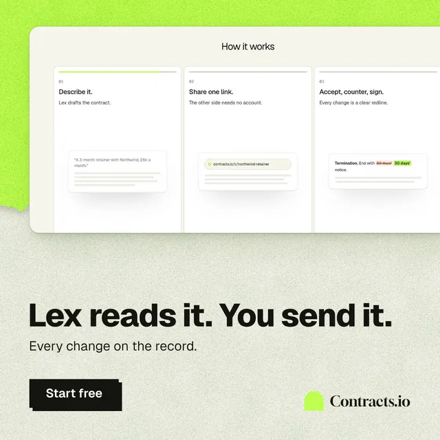 Instagram post for contracts.io: "Lex reads it. You send it." Paper trio style, bottom layout, light palette in white, green, grey.