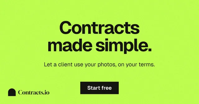 Social ad for contracts.io: "Contracts made simple." Swiss style, centred layout, light palette in green.