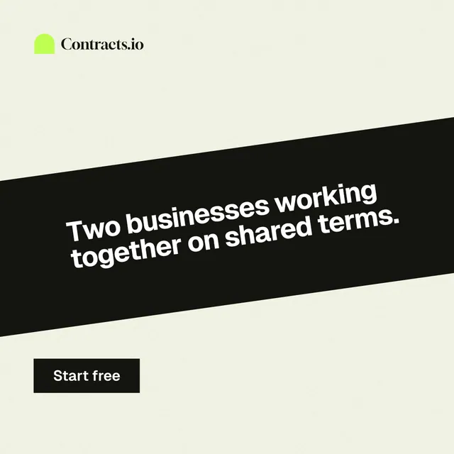Instagram post for contracts.io: "Two businesses working together on shared terms." Swiss style, diagonal layout, light palette in white, black.