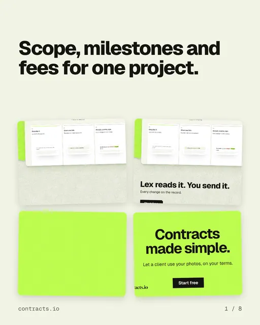Carousel for contracts.io: "Scope, milestones and fees for one project.". Collection carousel, 8 slides, light palette.