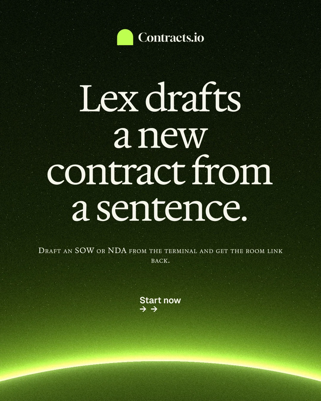 Instagram portrait post for contracts.io: "Lex drafts a new contract from a sentence." Swiss style, smallcaps layout, dark palette in green, black.