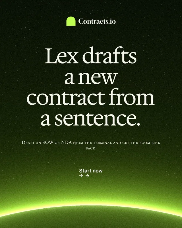 Instagram portrait post for contracts.io: "Lex drafts a new contract from a sentence." Swiss style, smallcaps layout, dark palette in green, black.