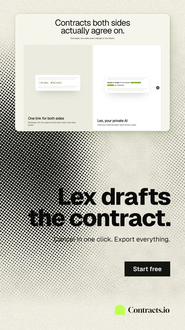 Instagram story for contracts.io: "Lex drafts the contract." Ink sticker style, right layout, light palette in yellow, white, grey.