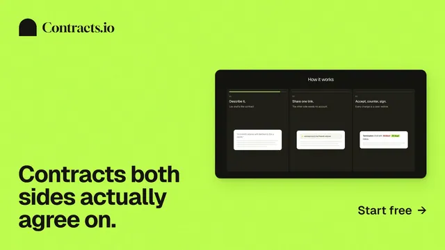 Landscape graphic for contracts.io: "Contracts both sides actually agree on." Swiss style, image led layout, light palette in green.
