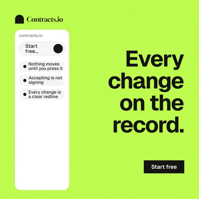 Instagram post for contracts.io: "Every change on the record." Swiss style, right layout, light palette in green.