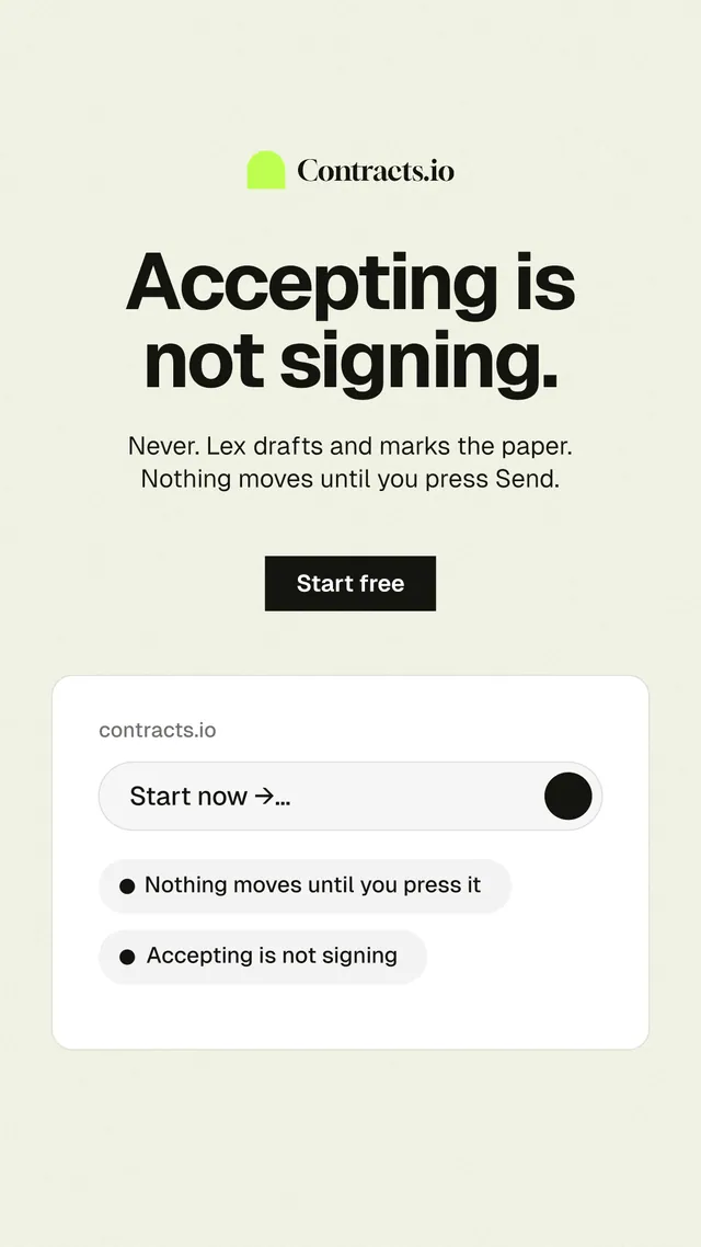 Instagram story for contracts.io: "Accepting is not signing." Swiss style, centred layout, light palette in white, grey.