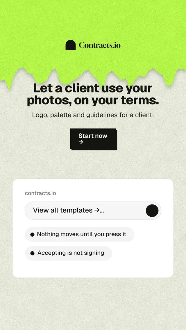 Instagram story for contracts.io: "Let a client use your photos, on your terms." Paper trio style, centred layout, light palette in green, white, grey.