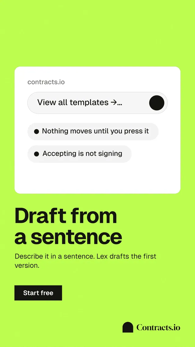 Instagram story for contracts.io: "Draft from a sentence". Swiss style, bottom layout, light palette in green, white.