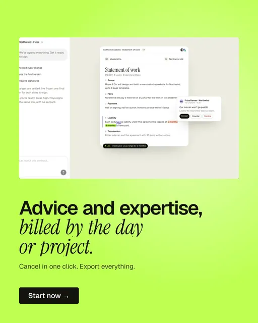 Video for contracts.io: "Advice and expertise, billed by the day or project.". Doc motion loop, 7.0 s, light palette.